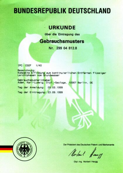 Urkunde Gebrauchsmuster kontinuierliches Entfernen flüssiger Leichtphasen vom Grundwasser
